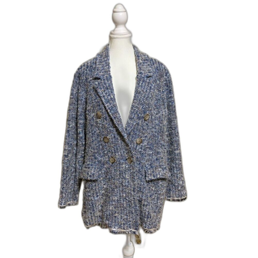 Chicos Womens 4 XXL Blue Tweed Knit Double Breasted Blazer Fringe Cotton